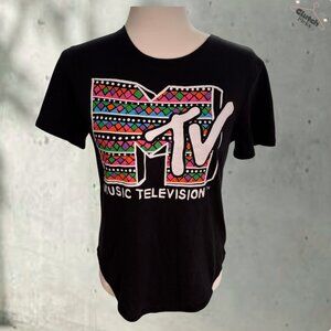 MTV Music Television Graphic T-Shirt Black 80s Retro Colorful Top Medium  NWT